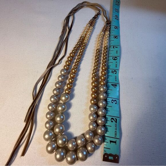 Gold Silver cream neutral double strand pearl Beaded Necklace adjustable - Picture 2 of 8